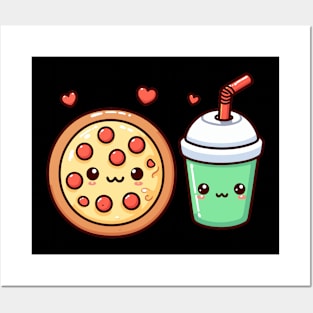 Kawaii Cute Food Illustration of a Pizza and a Milkshake | Cute Kawaii Art Design Posters and Art